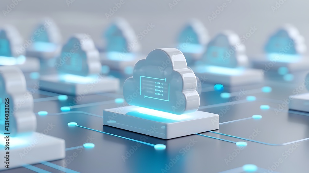 Poster digital cloud computing technology illustrated with glowing cloud icons on a network grid platform