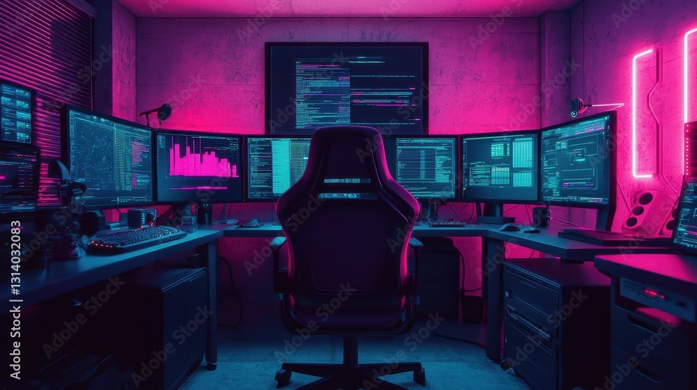 Poster high-tech gaming setup with multiple monitors and neon lighting