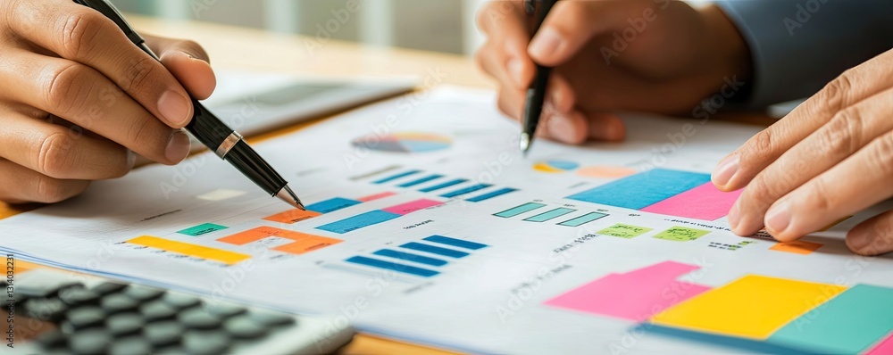 Poster two hands analyzing colorful graphs and charts on paper, depicting data analysis and business strate