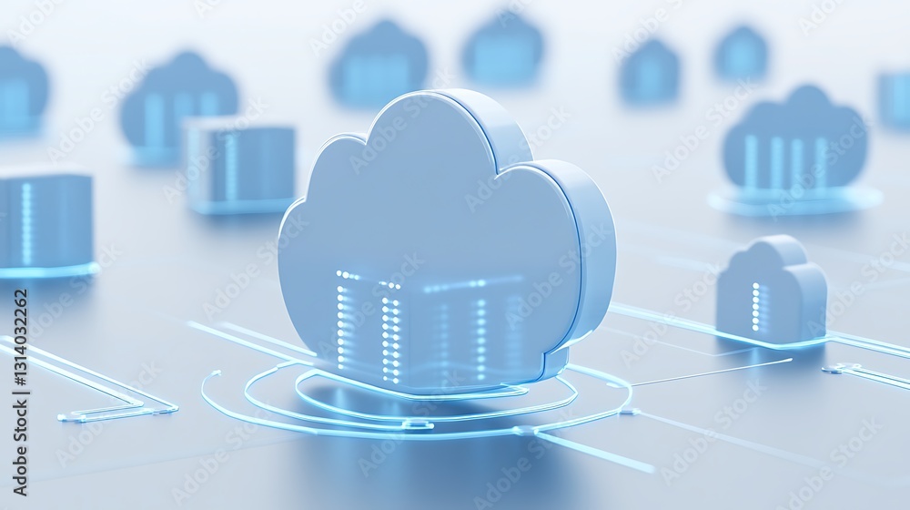 Poster digital cloud computing technology with glowing data storage symbols for modern business solutions