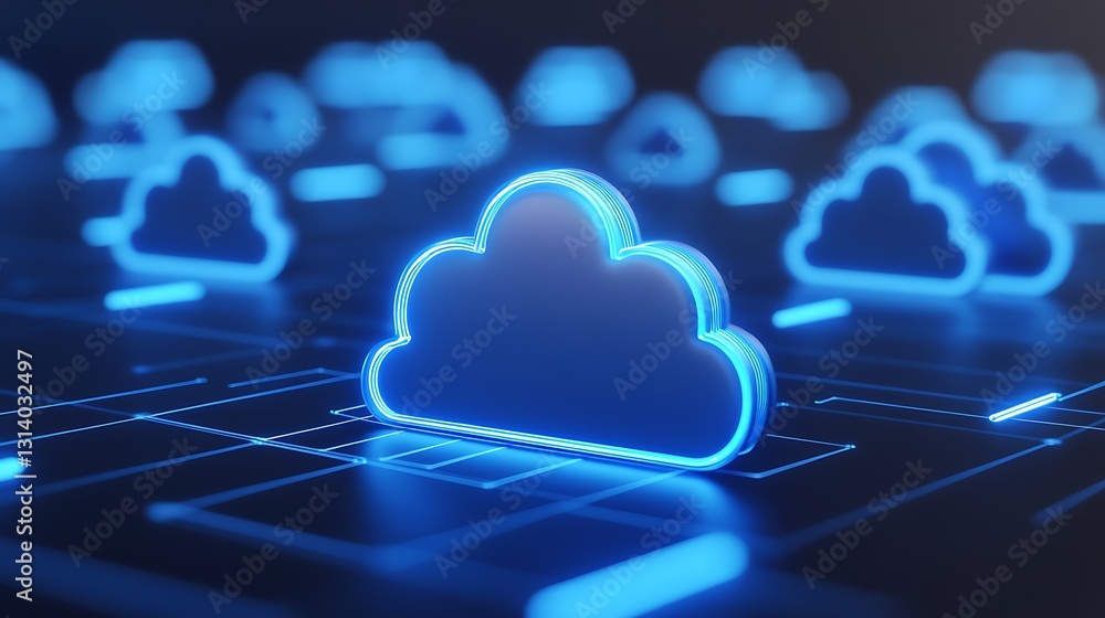Poster digital cloud concept with neon blue clouds on a dark background representing data storage and conne