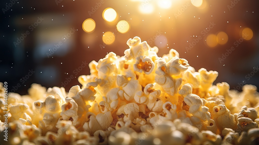 Poster a close-up view of a pile of popcorn with a blurred background