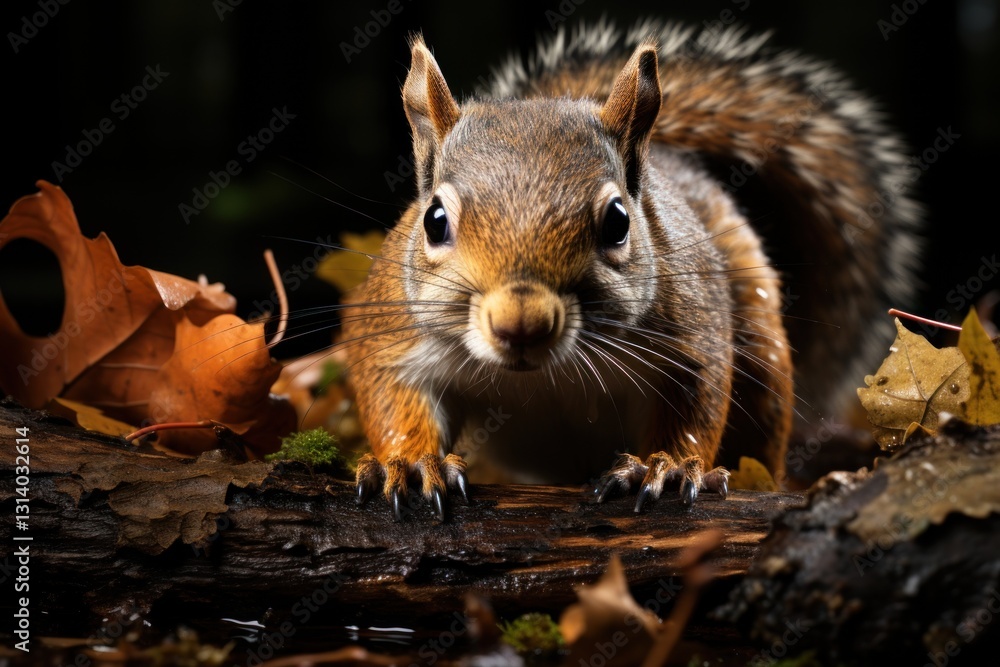 Poster a close-up portrait of a squirrel in a forest setting