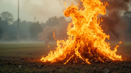 Blazing flames on an athletic field, with a hazy, blurry background, showcasing the powerful and thrilling nature of the blaze 8K , high-resolution, ultra HD,up32K HD