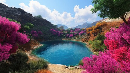 Obraz premium Serene Nature Landscape with Vibrant Flowers and Tranquil Water