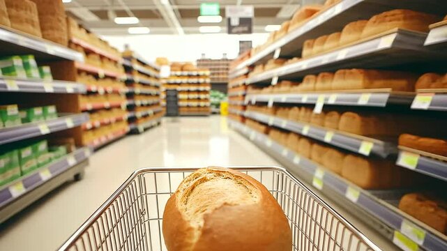 A grocery cart with a loaf of bread in a store aisle