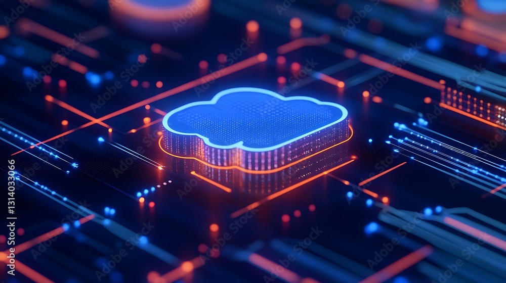 Poster digital cloud icon on futuristic circuit board with neon lights and high-tech elements
