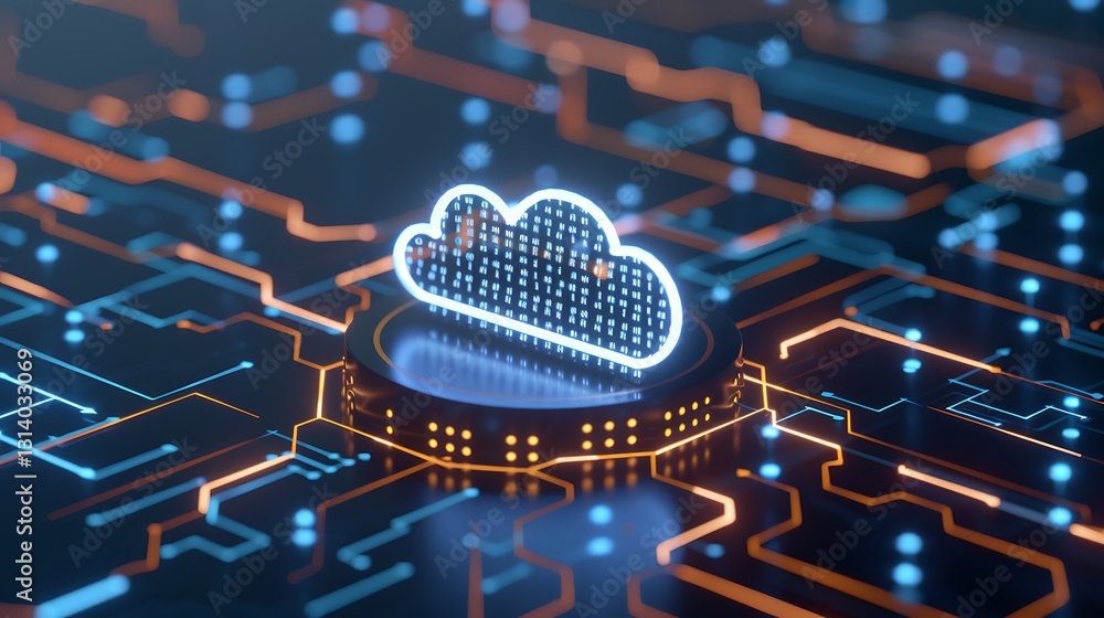 Poster digital cloud icon over circuit board design, representing data storage and technology innovation