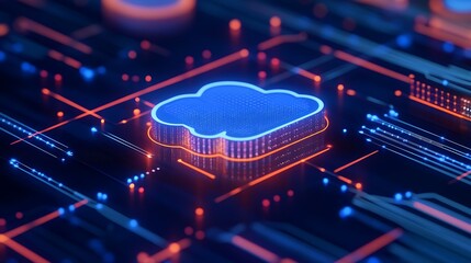 Digital Cloud Icon on Futuristic Circuit Board with Neon Lights and High-Tech Elements
