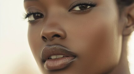 Close-up portrait of a young woman with dark skin and subtle makeup.