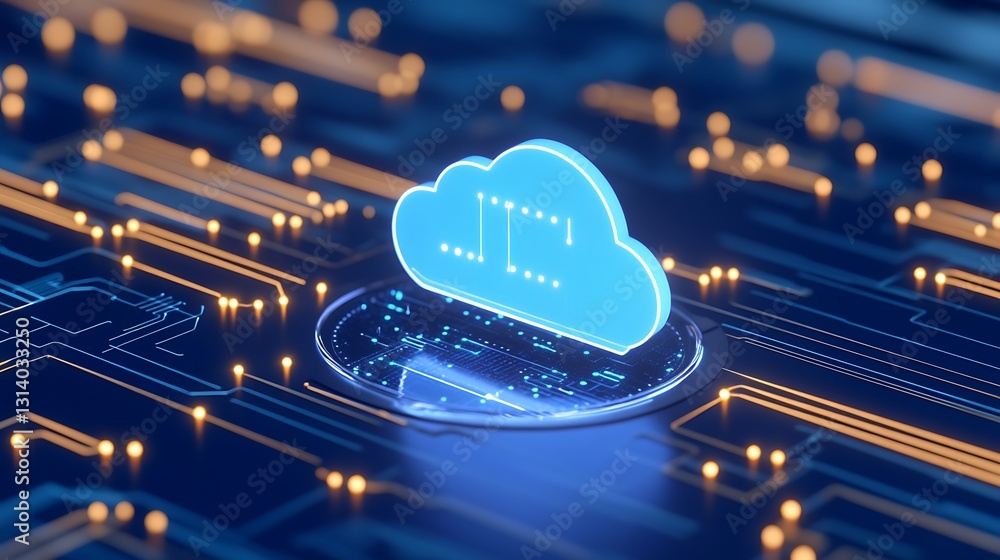 Poster digital cloud icon surrounded by circuit patterns and bright data connections in conceptual technolo