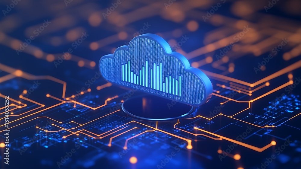 Poster digital cloud icon surrounded by glowing circuitry and graphs symbolizing data storage and technolog