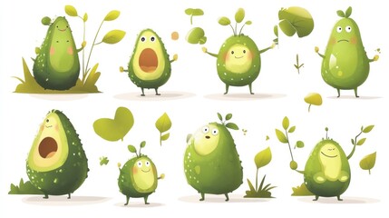 Cute cartoon avocados in various poses