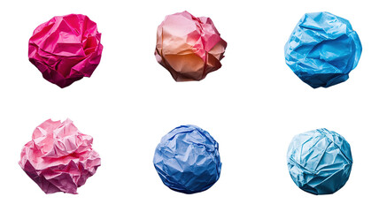 An assortment of crumpled paper balls, isolated against a transparent background, with varying degrees of crumpling.