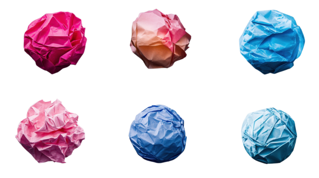 An assortment of crumpled paper balls, isolated against a transparent background, with varying degrees of crumpling. - Powered by Adobe