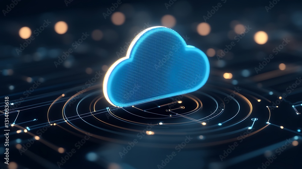 Poster digital cloud icon with glowing effects on dark background representing modern cloud technology conc