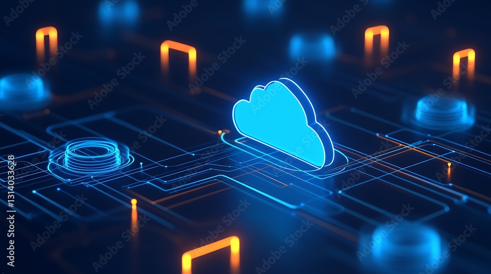 Poster digital cloud icon surrounded by technological circuit patterns design in futuristic concept