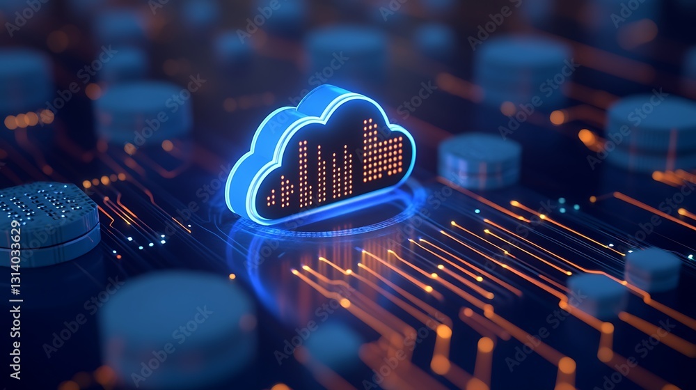 Poster digital cloud icon with data visualization and technology elements on circuit background in blue neo