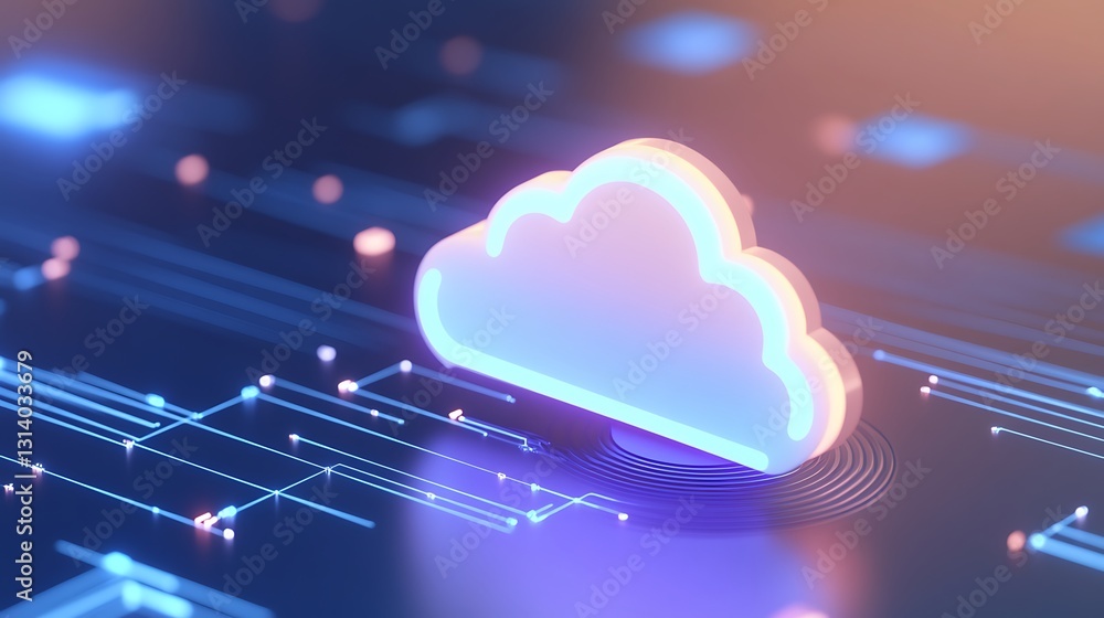 Poster digital cloud icon with glowing edges on a technology background showcasing data connection and inno