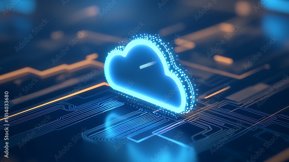 Poster digital cloud icon with glowing effects in a high-tech circuit board environment