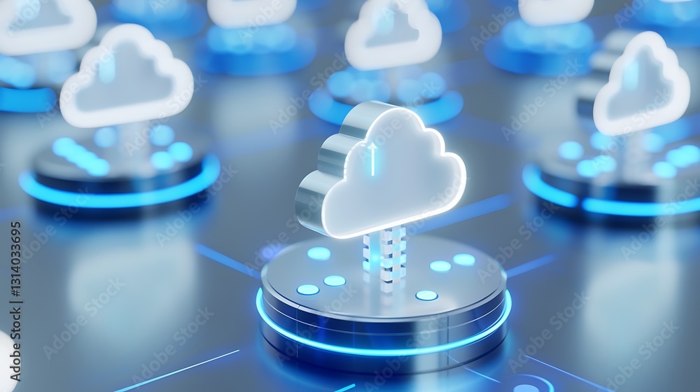 Poster digital cloud icons representing modern data storage and upload mechanisms in a futuristic network e