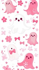 kawaii ghosts, featuring delightful pink bows and flowers, perfect for a whimsical T-shirt against a bright white background.