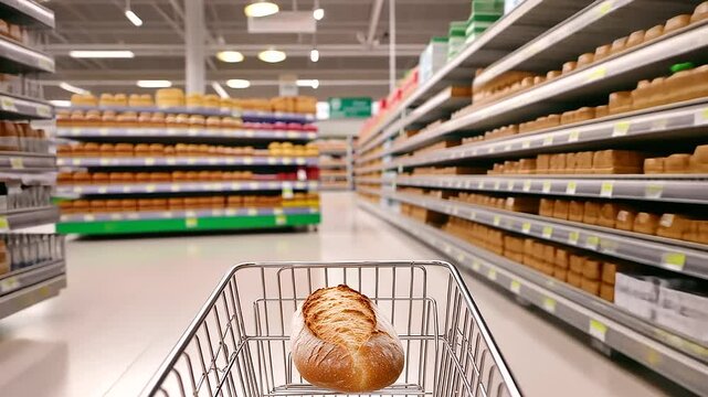 A grocery cart with a loaf of bread in an aisle