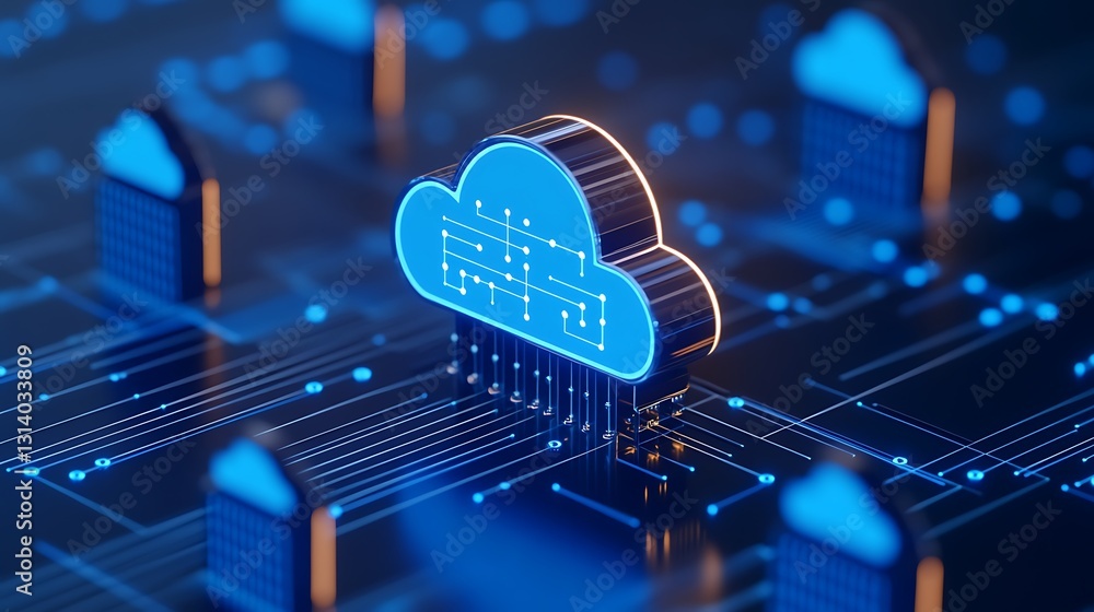 Poster digital cloud network with blue neon lights and data lines representing modern technology and connec