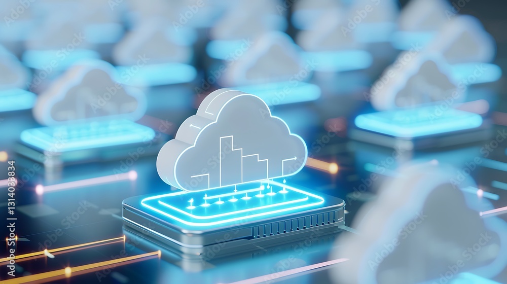 Poster digital cloud platform technology with neon effect representing data storage and connectivity in mod