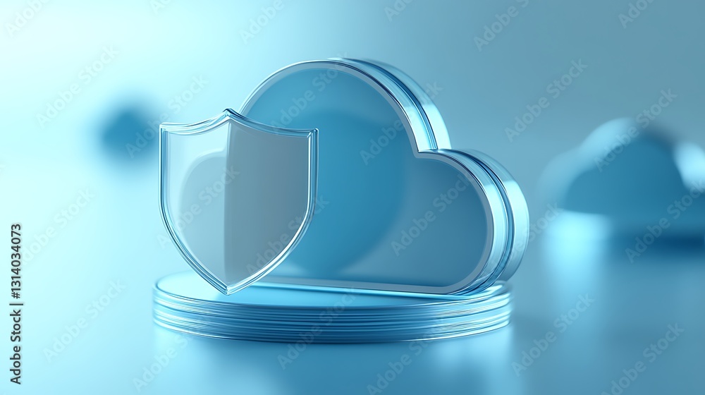 Poster digital cloud security concept with shield and abstract cloud shapes on soft blue background