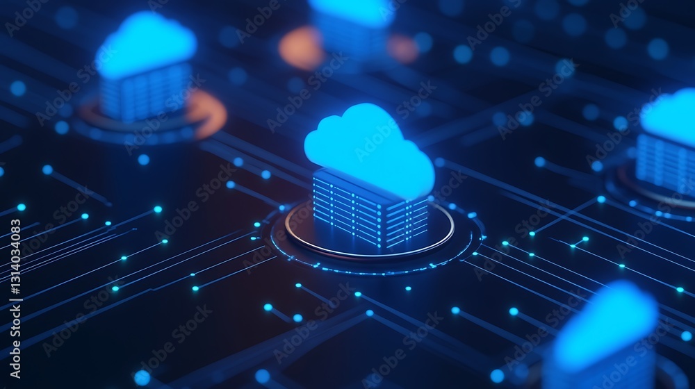 Poster digital cloud servers network connection with blue lights and circuit elements in a futuristic style