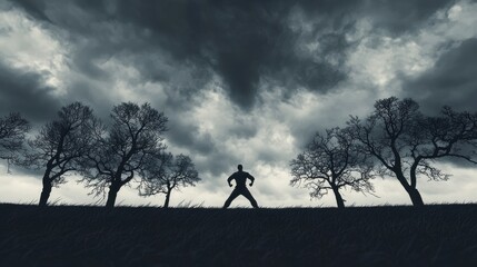 Fototapeta premium Dark Silhouette of a Person Against a Dramatic Stormy Sky