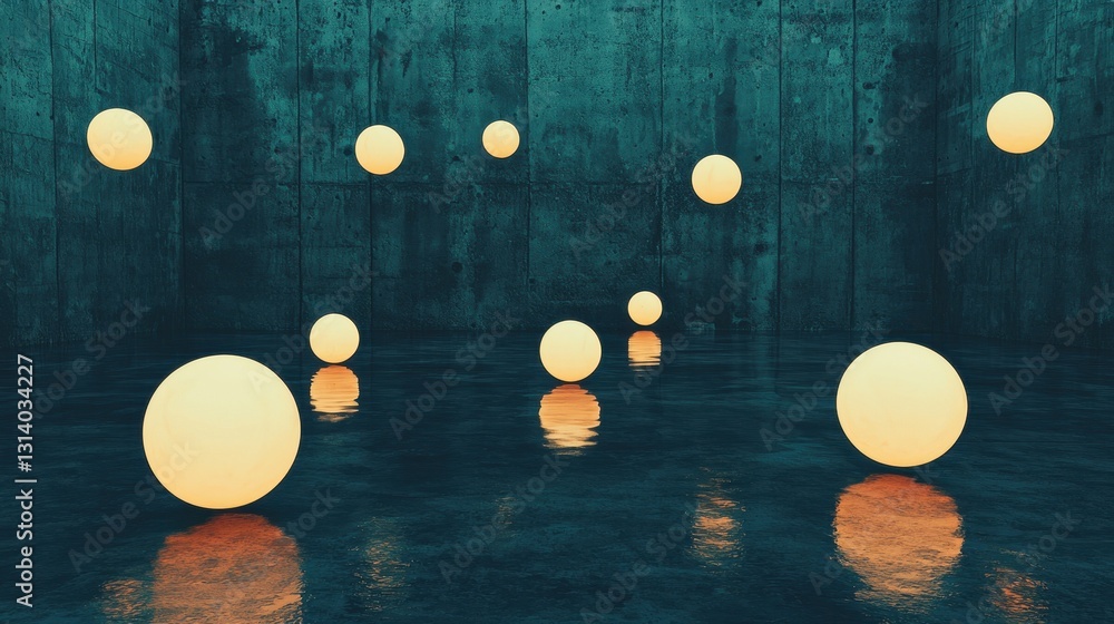 Poster floating orbs in a dark textured space with reflections and shadows