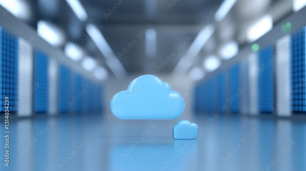 Poster digital cloud storage concept with blue abstract cloud icons in a futuristic data center environment