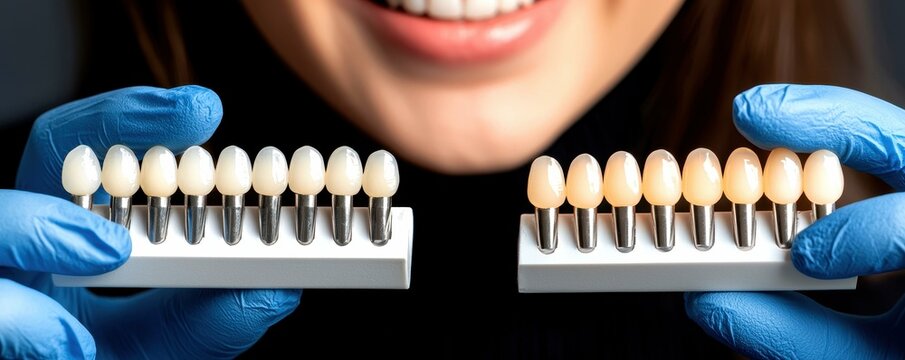 Close-up of gloved hands holding dental shade guides, showcasing various tooth colors.  Perfect for dentistry, cosmetic dentistry, or dental health articles.