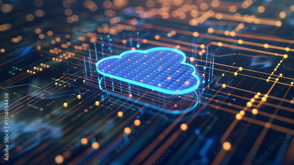 Poster digital cloud storage concept with circuit board background and blue glow for technology and innovat
