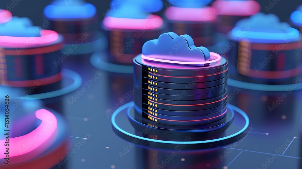 Poster digital cloud storage concept with colorful stacks of data servers and vibrant neon lights in a tech