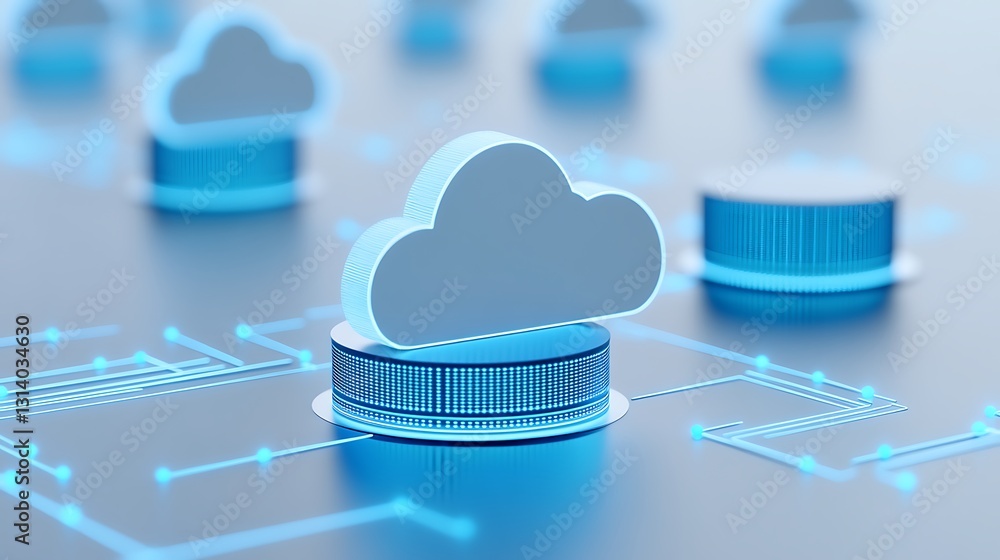 Poster digital cloud storage concept with data circuit background and 3d rendered cloud symbols in blue col