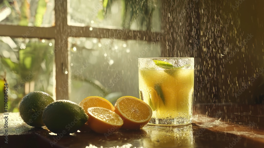 Poster refreshing citrus drink with splashing water near window.