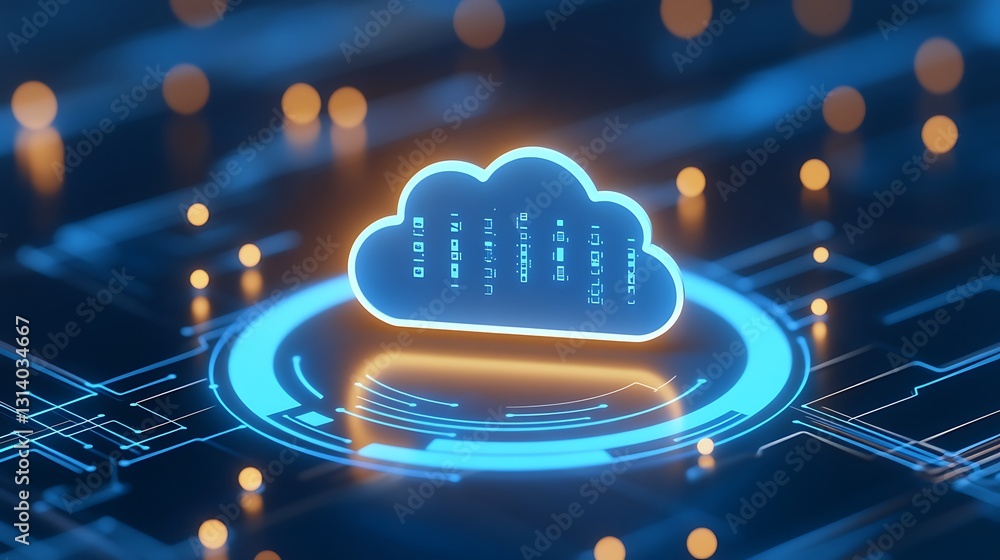 Poster digital cloud storage concept with data flow and circuit board design on a futuristic blue backgroun