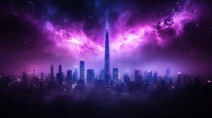 Cosmic Cityscape  Night Under a Nebula