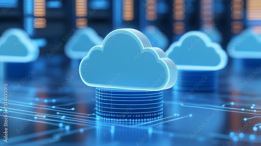 Poster digital cloud storage concept with glowing data connections and servers in modern technology environ