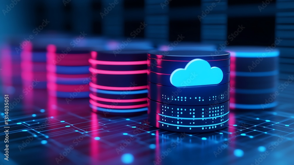 Poster digital cloud storage concept with neon colored database cylinders on a futuristic background