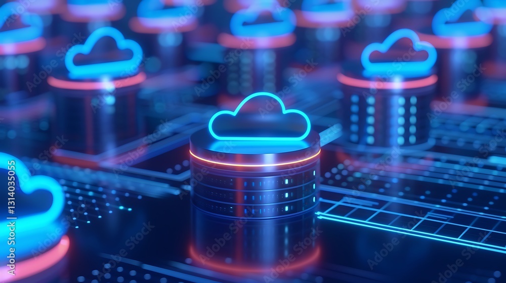 Aufkleber digital cloud storage concept with neon glow on data storage servers in futuristic environment