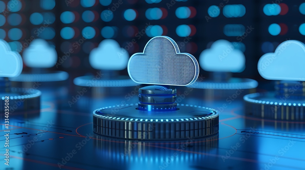 Aufkleber digital cloud storage concept with neon lights and data servers in background for technology illustr