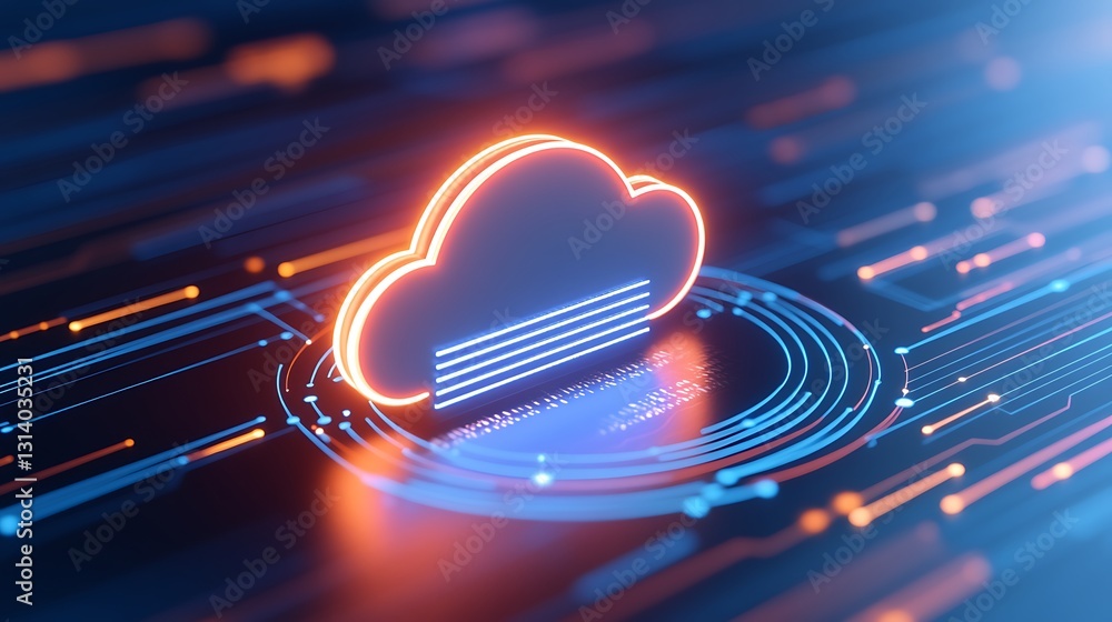 Poster digital cloud storage concept with vibrant neon colors and abstract data connections in a futuristic