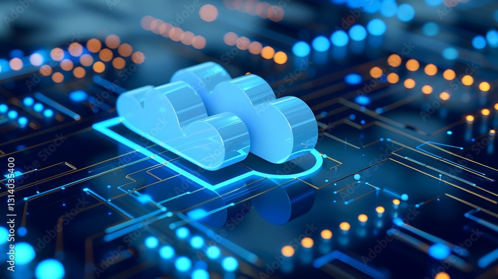 Poster digital cloud storage on circuit board with blue light and glowing elements in technology background