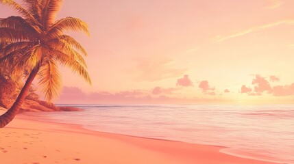 Tranquil Sunset Over Tropical Beach with Palm Tree and Gentle Waves