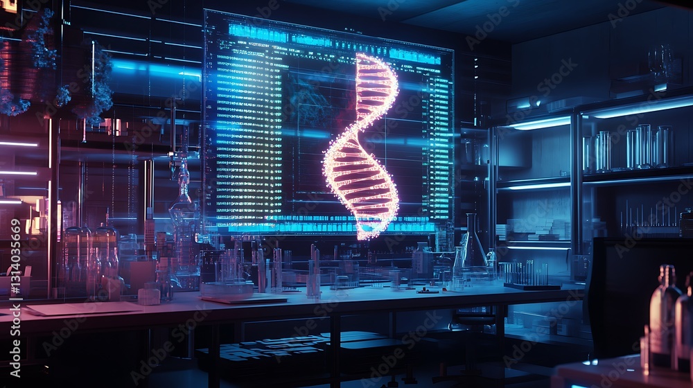 Aufkleber futuristic lab interior with dna double helix displayed on a large screen.