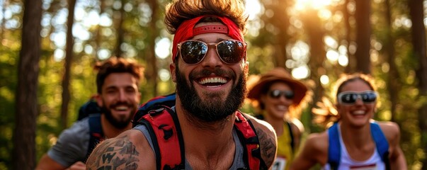 Fototapeta premium Active Friends Outdoor Adventure Together in Forest Sunlight